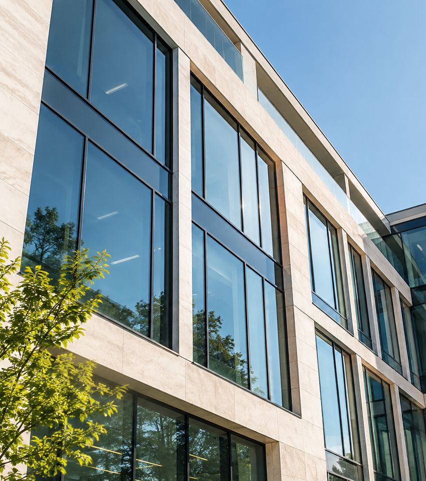 Moderne Gewerbefassade mit klaren Glasflächen und hellem Naturstein – KI-Visualisierung