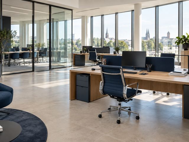 Lichtdurchflutetes Büro mit gepflegten Arbeitsflächen – KI-Visualisierung